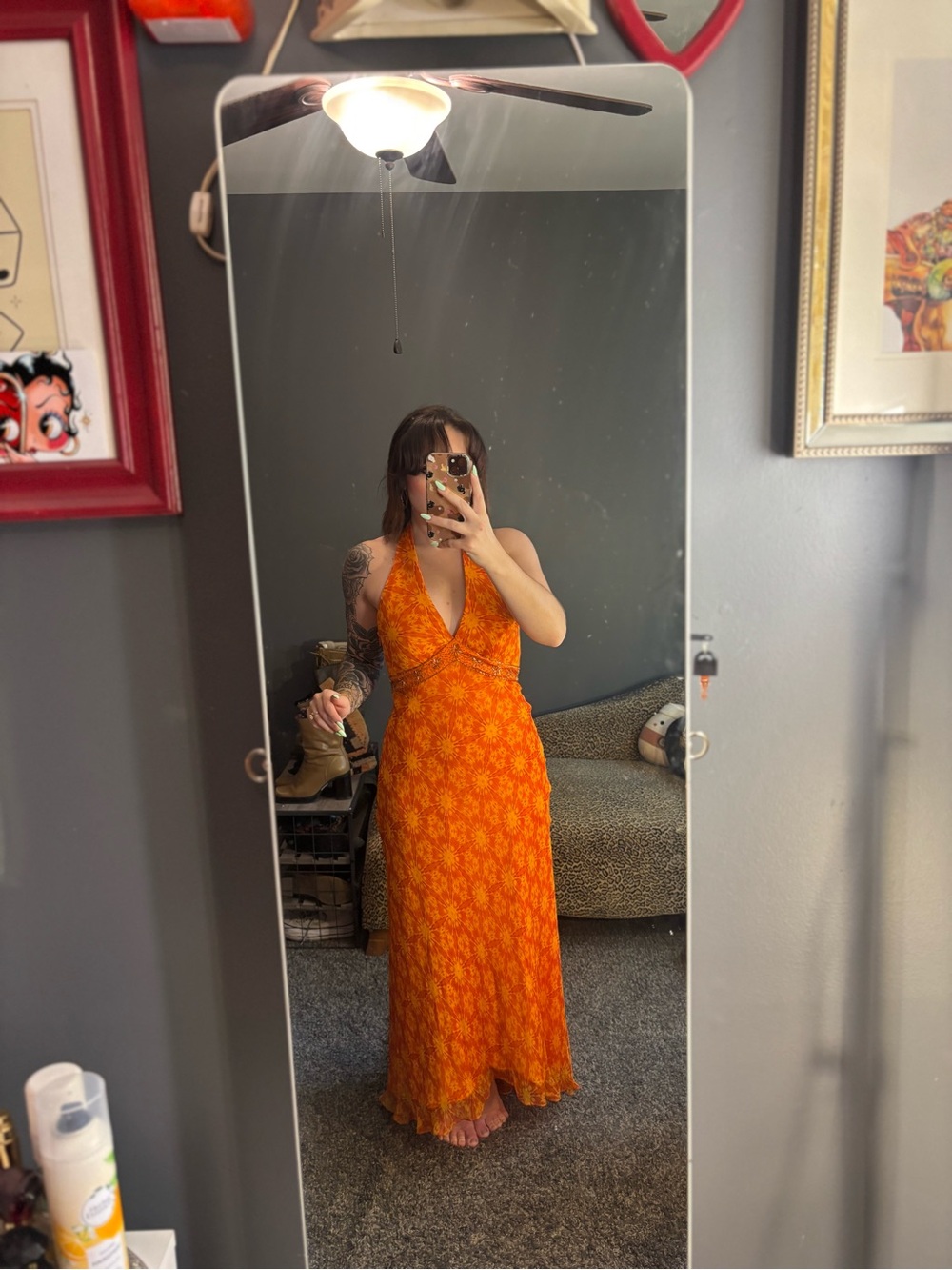 ✨Vintage Y2K Orange Starburst Silk Beaded Ruffle Formal Maxi Dress✨
